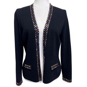 St John Evening Marie Gray Santana Knit Black Jacket Colorful-Sequin Trim Size 4